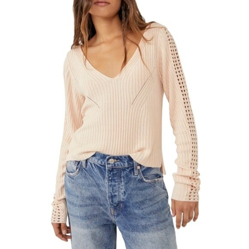NWT Free People Starlight Ribbed Boho Tunic Open Knit Sweater Cream Size XS NEW
